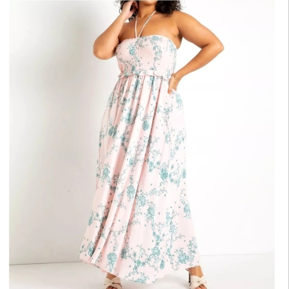 Eloquii Smocked Bodice Halter Floral Print Maxi Dress 14 NWT - Picture 1 of 13